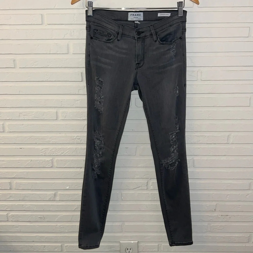 Frame Denim Grey Shred Le Skinny De Jeanne Distressed Jeans, Women’s Size 27